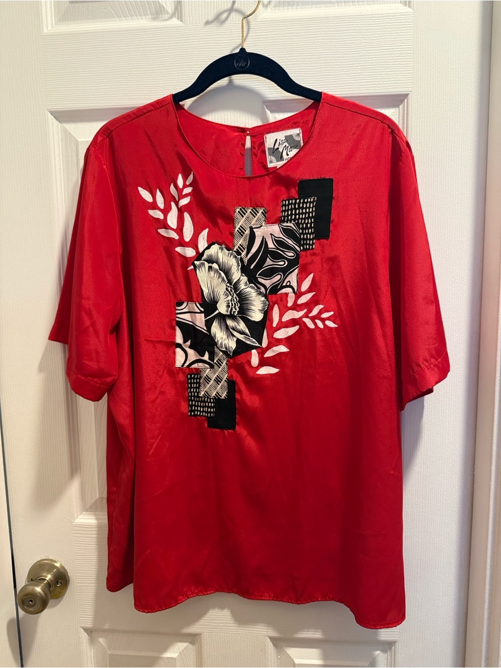 Lisa Maru Made In Honolulu Hawaiian Red Floral Appliqué Tunic Top Vintage 1x